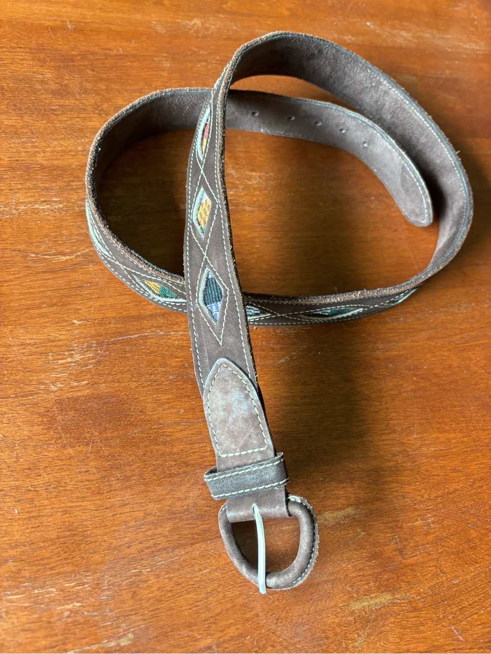 Brown Leather Belt w Colorful Geometric Shapes and Leather Wrapped Buckle